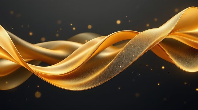 A golden ribbon gracefully twists and turns, adorned with shimmering particles against a dark backdrop, creating a luxurious and elegant effect