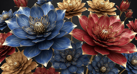 3D Floral Art with colorful flowers leaves, modern mural wall art illustration