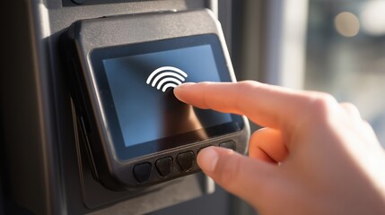 Touchscreen payment system in use for contactless transactions outside a modern building in daylight