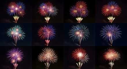 A grid of colorful fireworks illuminating the night sky
