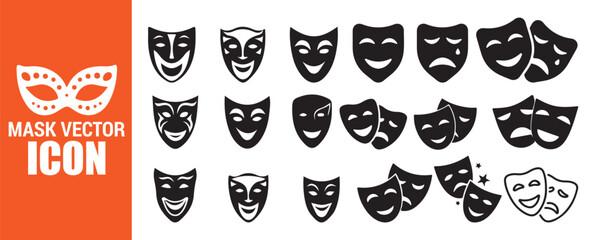 Masquerade eye mask vector icon set with various theater face masks representing drama and comedy