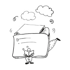 Cartoon Student Reading Underneath Giant Notebook, Dreamy Clouds in the Sky, Education Concept - Black and White Vector Illustration                  