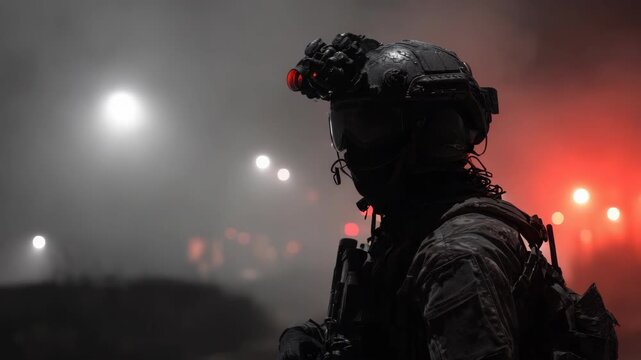 Silhouetted soldier in combat gear with night vision in foggy urban setting