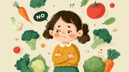 Healthy eating habits for children A young girl declines vegetables