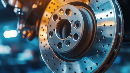 Close-up view of a detailed automotive brake disc under studio lighting showcasing precise engineering and craftsmanship