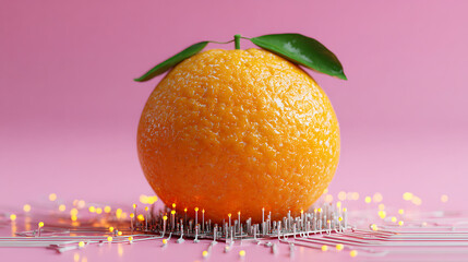 Orange placed on a central microchip surrounded by glowing circuit connections, futuristic fruit technology concept combining agriculture innovation, AI integration, smart food and digital electronics