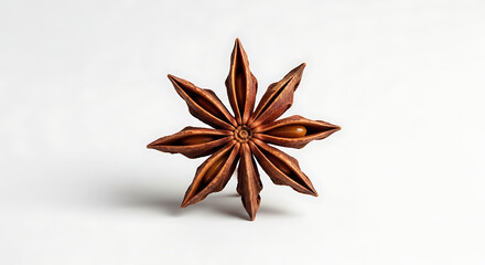 Close up of a single star anise pod with eight points on a white background in a studio shot