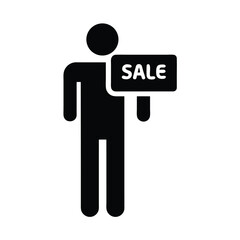 Minimalistic Icon of Figure Holding Sale Sign in Black on White                                                                                       