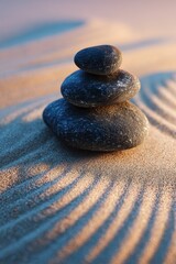 Serene Stacked Pebbles on Raked Sand, Soft Lighting, Zen-Inspired Composition.