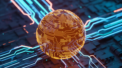 Orange placed on a central microchip surrounded by glowing circuit connections, futuristic fruit technology concept combining agriculture innovation, AI integration, smart food and digital electronics