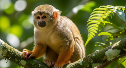 Obraz premium Squirrel Monkey Perched on Branch in Lush Rainforest