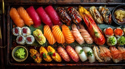 Assorted sushi platter with nigiri, sashimi, and rolls on black tray