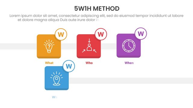 5W1H method infographic 6 point stage template with round square box bounce appearance from top and bottom video animation or animated motion
