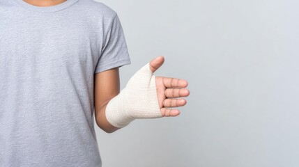 Hand covered in textured medical gauze, shown close-up. Clean bandage wrap represents injury care, healing support and proper first aid management