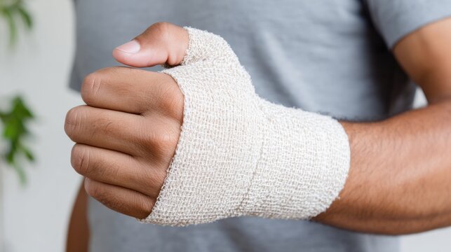 Close-up of hand covered with white gauze bandage. Textured medical wrap used for injury stabilization, healing assistance and routine first aid care