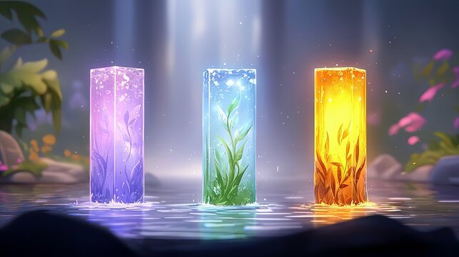 Three translucent, rectangular pillars containing plants, glowing with purple, green, and orange light, stand in shallow water.