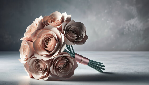 Romantic, elegant handmade paper flower bouquet of delicate folded rose craft. This beautiful arrangement sits on textured surface, evoking sentimental and artistic feeling