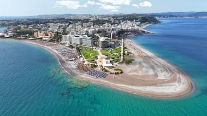 Aerial drone photo of amazing sandy peninsula in northest part of Rhodes island,featuring luxury...