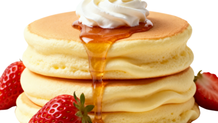 Fluffy Souffle Pancakes with Whipped Cream, Syrup, and Strawberries