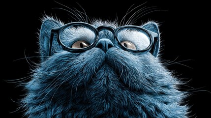 Close up of fluffy blue cat wearing black glasses with dark background