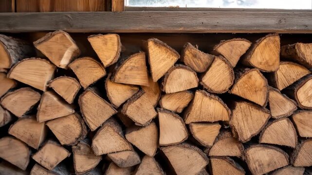 Stacked firewood logs under wooden structure detail rustic woodpile texture