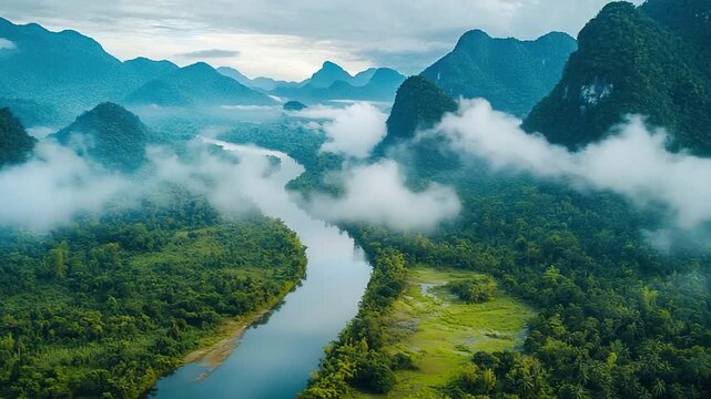 aerial drone footage of nong khiaw river, asia timelapse video