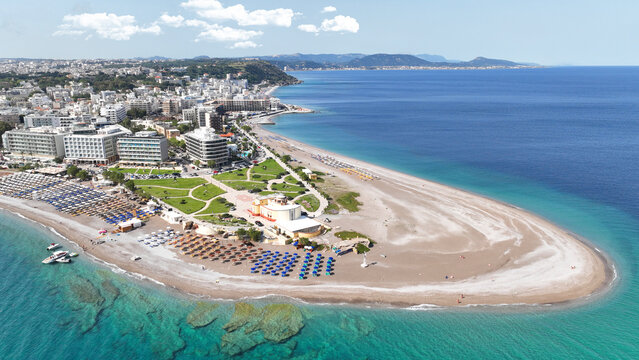 Aerial drone photo of amazing sandy peninsula in northest part of Rhodes island,featuring luxury hotels, resorts, organized Elli beach ,Casino and Rhodes Aquarium a true tourist destination , Greece - Powered by Adobe