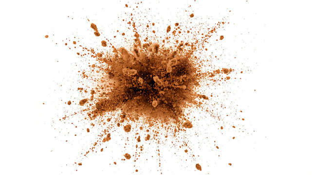 High-speed photograph capturing brown powder exploding against a white backdrop, with fine particles dispersing dynamically, showcasing frozen motion and a sense of impact and energy.