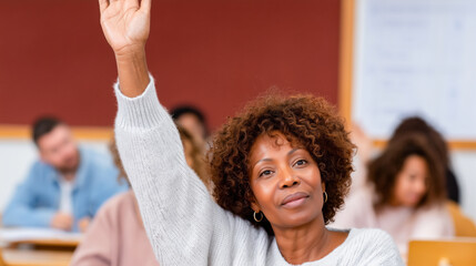 A woman sits in a classroom with her hand raised, indicating participation. Other adults are seated in the background, suggesting an educational or training setting.