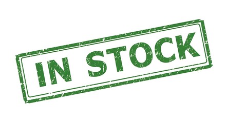 Green rectangular stamp, "IN STOCK" text with a distressed appearance on a white background