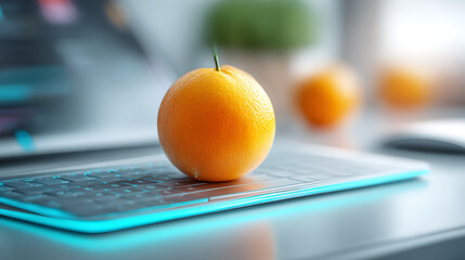 Futuristic robotic hand holding a fresh orange with holographic interface, advanced AI technology concept blending agriculture and innovation, smart farming and biotechnology visualization