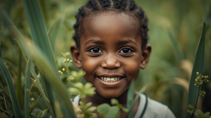 Joyful child smiling in lush greenery outdoor environment portrait photography nature setting close-up perspective