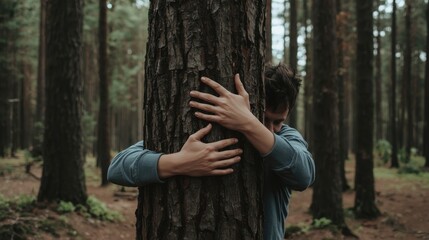 Emotional connection with nature man embracing tree in serene forest emphasizing love for environment and sustainability