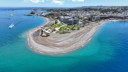 Aerial drone photo of amazing sandy peninsula in northest part of Rhodes island,featuring luxury...