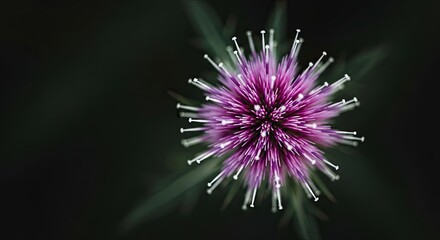 A stunning macro top-down view of a vibrant purple thistle flower with intricate white stamens, creating a beautiful starburst pattern against a dark, moody background
