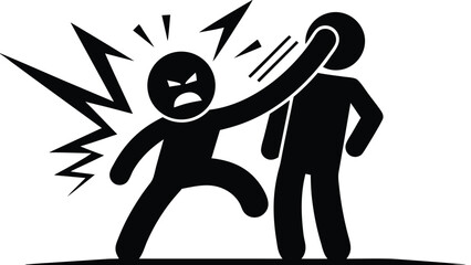 Aggressive Stick Figure Assaulting Another with Anger, Pictogram. Depicts Physical Aggression, Violence, and Conflict in a Minimalist, Symbolic Style.