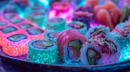 Close-up of colorful assorted sushi rolls with decorative plating and lighting