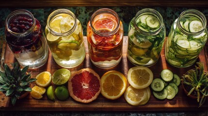 Vibrant Array of Artisanal Infused Waters with Fresh Citrus, Berries, and Cucumber.