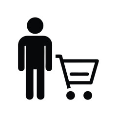 Icon of a person pushing an empty shopping cart, depicted in minimalist black and white style.                                                        