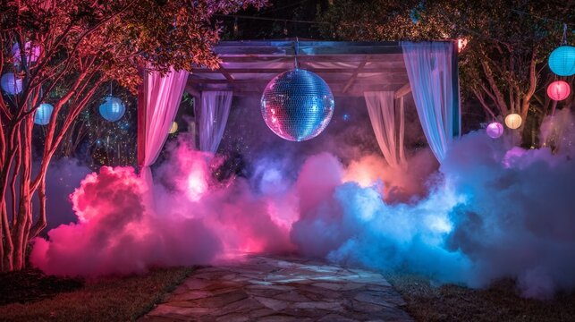 Outdoor party setup with a disco ball, colorful lights, and fog, creating an inviting atmosphere for celebrations, perfect for gatherings and memorable moments