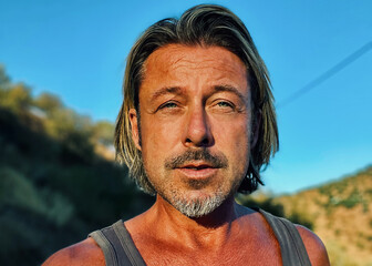 Middle aged tanned man with half long blond hair and grey stubble beard in singlet shirt walking outdoors during golden hour. Hills of Almogia, Malaga, Andalusia, Spain.