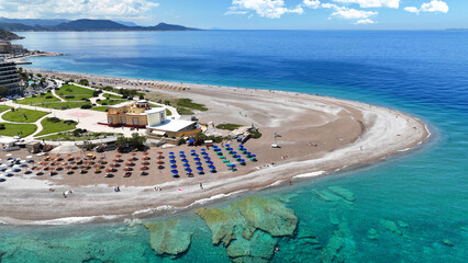 Aerial drone photo of amazing sandy peninsula in northest part of Rhodes island,featuring luxury hotels, resorts, organized Elli beach ,Casino and Rhodes Aquarium a true tourist destination , Greece
