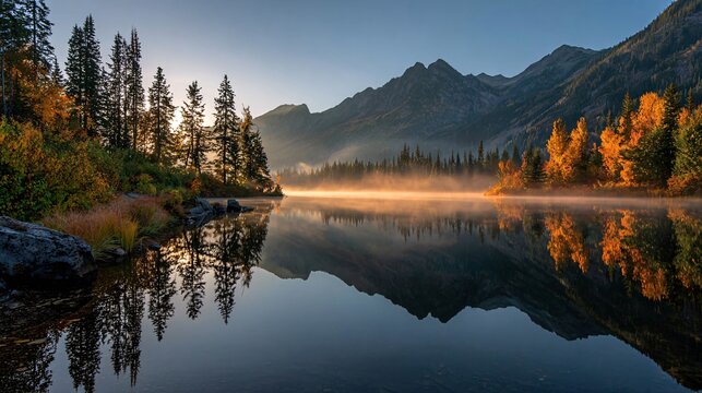 Serene mountain lake at sunrise with autumn trees and misty reflections