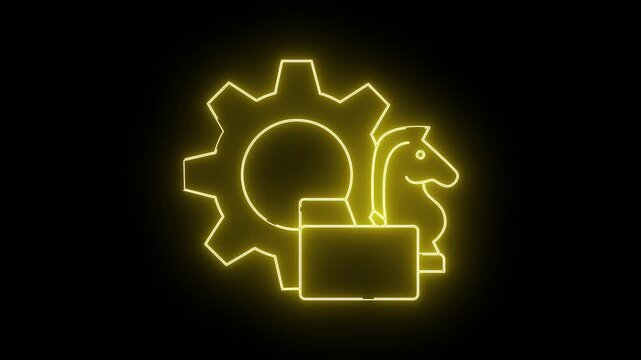 Neon yellow outlines of gear knight chess piece and rectangle on black backdrop