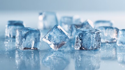 Sparkling Blue Ice Cubes on Reflective Surface, Chilling Refreshment.