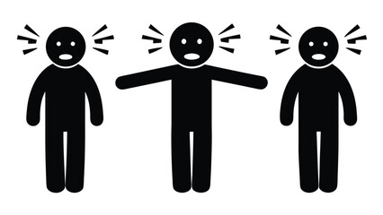 Three Stick Figures in Distress: A Black and White Illustration Depicting Sensory Overload and Anxiety, Isolated on White                             