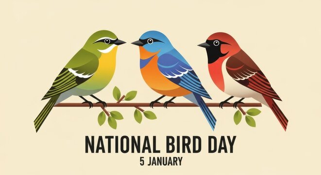 Three colorful birds perched on a branch vector illustration for National Bird Day isolated on a light background