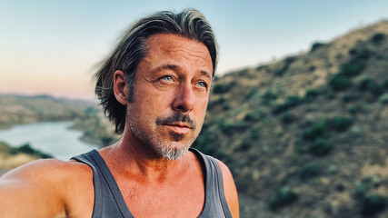 Middle aged tanned man with half long blond hair and grey stubble beard in singlet shirt walking outdoors during golden hour. Hills of Almogia, Malaga, Andalusia, Spain.