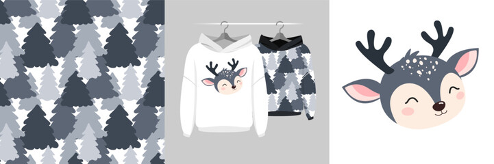 Monochrome pine forest pattern with a white hoodie and a gray sweater featuring a cute reindeer face, delivering a cozy winter vibe ideal for holiday apparel and gift ideas © stocklene