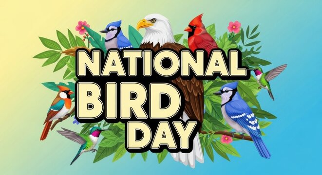 National Bird Day illustration featuring diverse bird species and lush foliage celebrating avian diversity and conservation